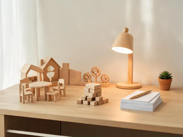 Plantoys customer support desk with wooden toy samples