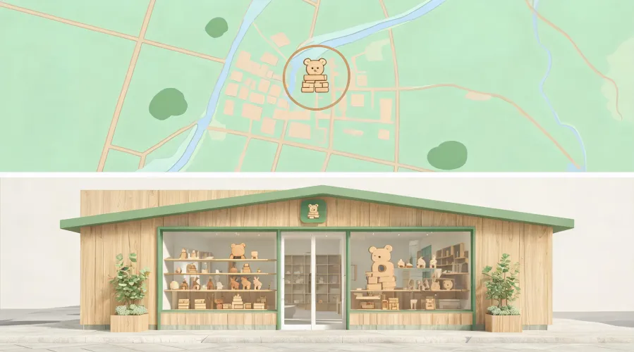 Illustrated Plantoys showroom map and office exterior
