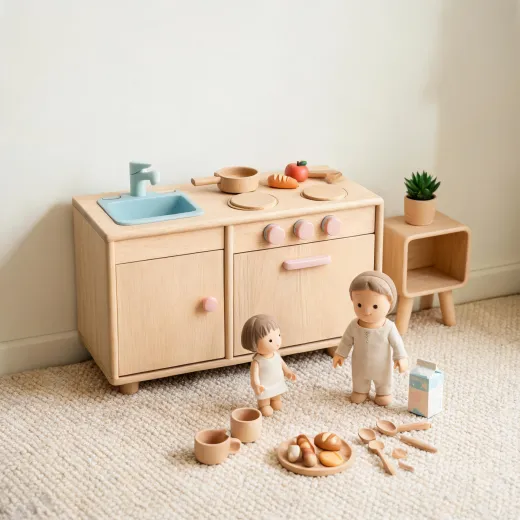 Wooden pretend play kitchen and family role play pieces