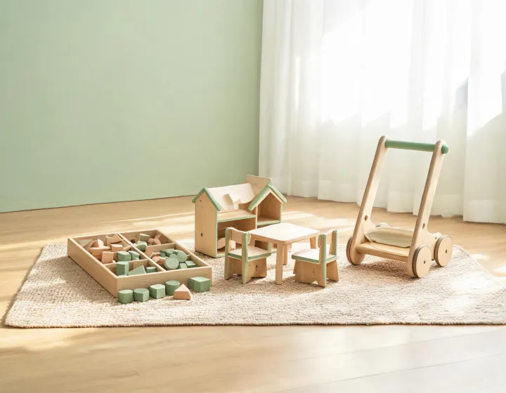 Wooden learning toys arranged in a calm playroom