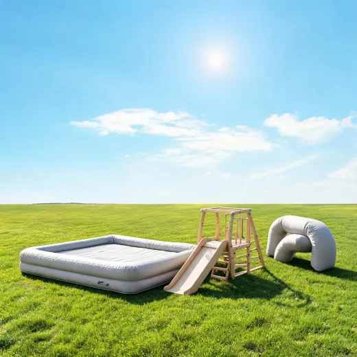 Children using outdoor play equipment on a sunny lawn