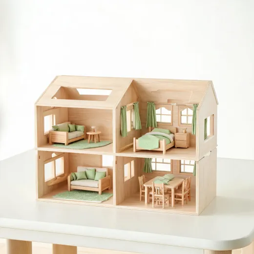 Wooden dollhouse and miniature room furniture