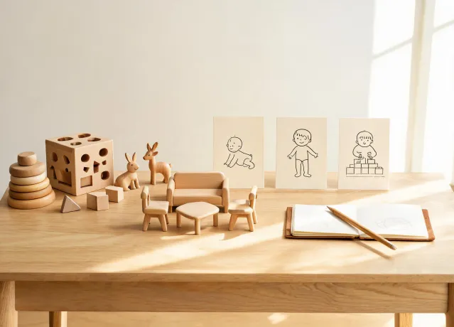 Assortment planning table with wooden toys and age cards