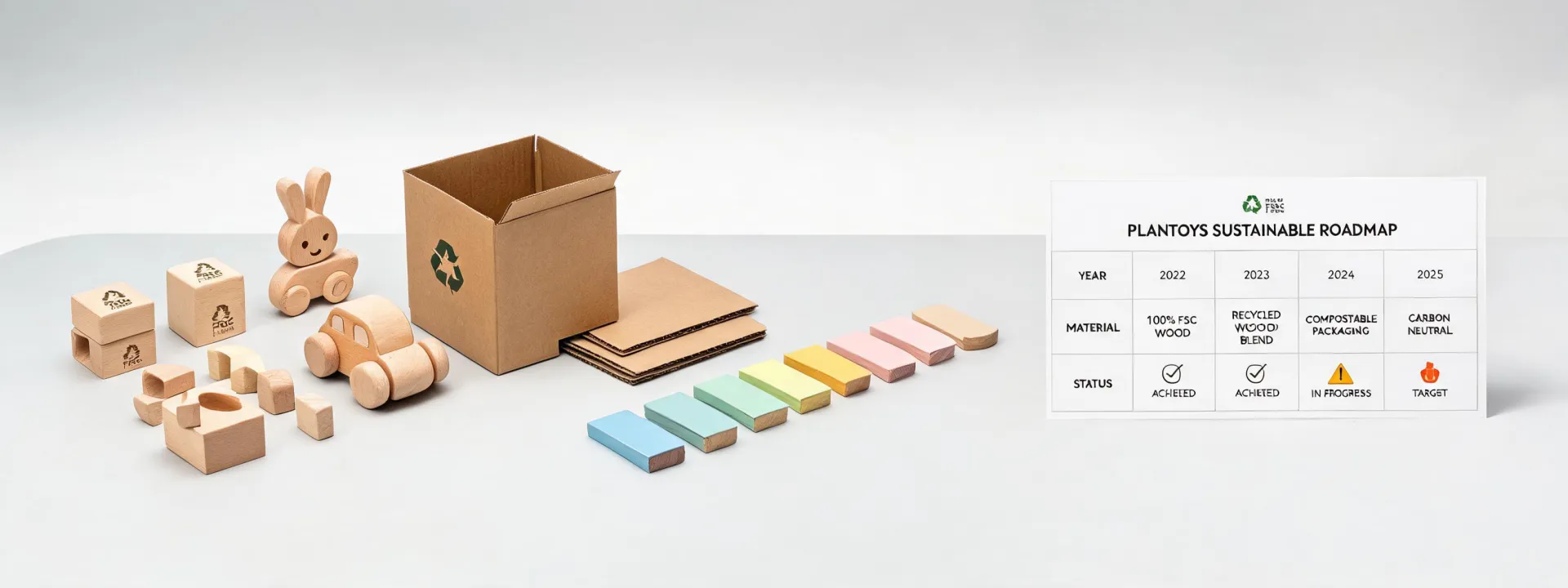 Sustainable wooden toy materials and recycled packaging